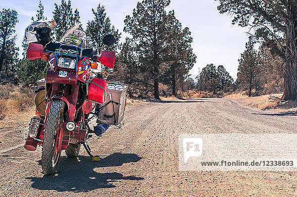 Touring motorcycle on roadside  Terrebonne  Oregon  USA