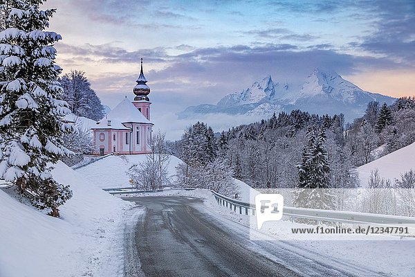 Pilgrimage church Maria Gern in winter and Watzmann in background  Berchtesgaden  Bavaria  Germany  Europe.