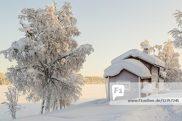 Winter landscape with abandoned cottage  clear skye and nice warm light  Gällivare county  Swedish Lapland  Sweden.
