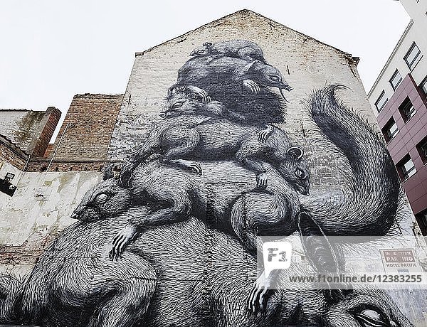 Pyramid of rodents  mural by Belgian street artist Roa  The Crystal Ship Festival 2016  Ostend  West Flanders  Belgium  Europe