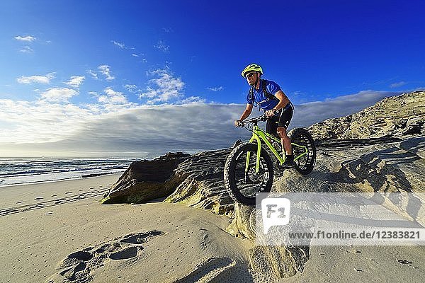 Mountain biker with fat bike on the beach  bike tour at Die Plaat Beach  Nature Reserve  De Kelders  Gansbaai  Western Cape  South Africa  Africa