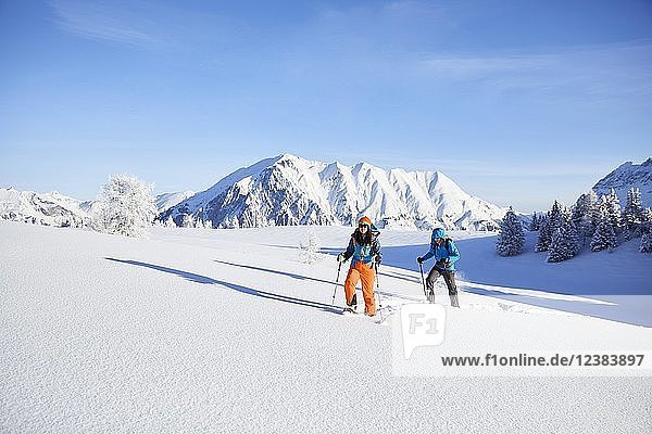 Snowshoeing  hiking in winter landscape  Simmering Alm  Obsteig  Mieming  Tyrol  Austria  Europe