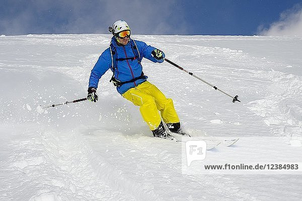 Skier  downhill in powder snow  Abruzzo  Italy  Europe