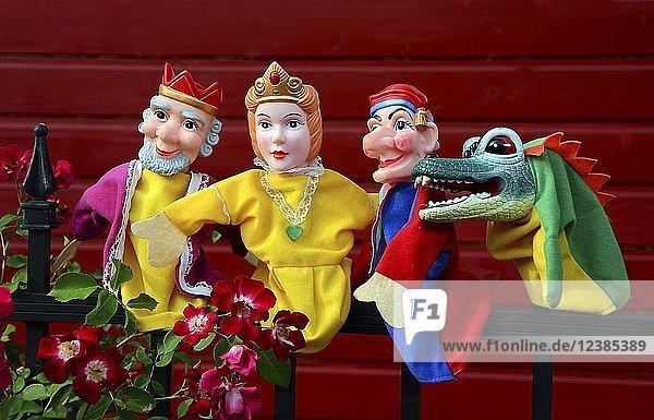 Kasperlepuppen  Kasper  Prinzessin  König und Krokodil sitzen auf einem Metallzaun