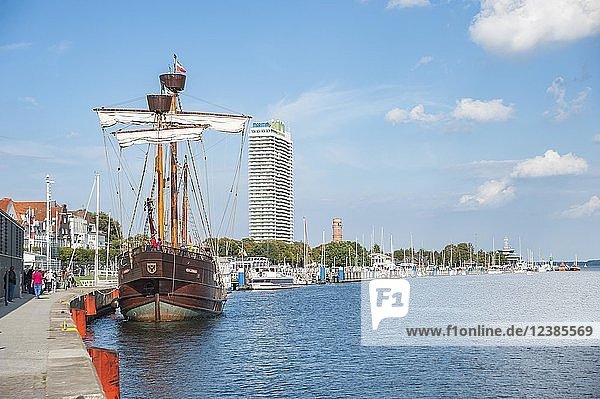 Traditional sailing boat in the harbour  Hotel Maritim  Travemünde  Baltic Sea  Schleswig-Holstein  Germany  Europe