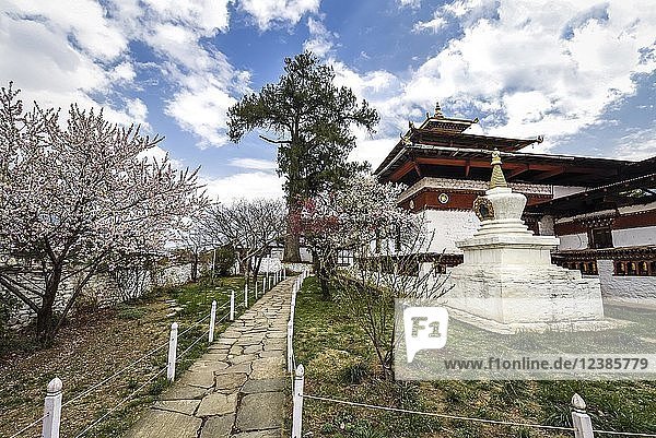 Buddhistischer Tempel Kyichu Lhakhang im Frühling Paro Paro-District Himalaja-Region Bhutan Asien