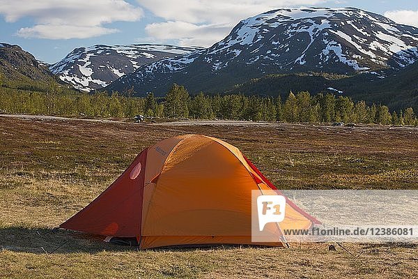 Camping tent near Kafjord  Alta  province (Fylke) Finnmark  northern Norway  Norway  Europe