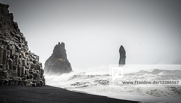 Basaltfelsen Reynisdrangar bei Vík í Mýrdal  starker Wellengang  Südisland  Südurland  Island  Europa
