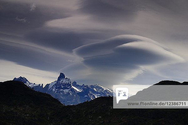 Cloud atmosphere over the Los Cuernos massif  Torres del Paine National Park  Última Esperanza Province  Chile  South America
