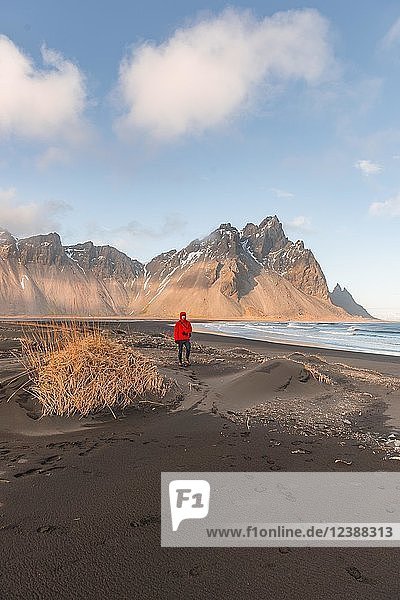 Mann in roter Jacke spaziert am schwarzen Lavastrand  Sandstrand  Dünen mit trockenem Gras  Berge Klifatindur  Eystrahorn und Kambhorn  Landzunge Stokksnes  Gebirgszug Klifatindur  Austurland  Ostisland  Island  Europa