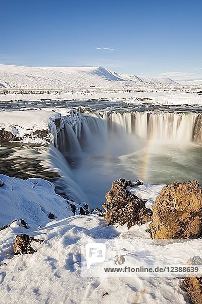 Waterfall Góðafoss Godafoss in winter with snow and ice Skjálfandafljót river Norðurland vestra Northern Iceland Iceland Europe