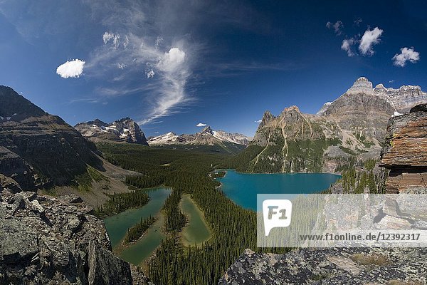 Lake O`Hara (turquoise) and Mary Lake (blue) seen from above. Lake O`Hara area Yoho National Park British Columbia Canada.