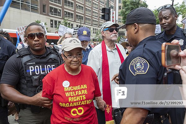 Detroit  Michigan USA - 18 June 2018 - Several hundred people rallied in Detroit to support the Poor Peoples Campaign against poverty  racism  militarism  and ecological devastation. A member of the Michigan Welfare Rights Organization was among two dozen arrested for blocking the QLine streetcar to highlight the need for better public transportation in Detroit.