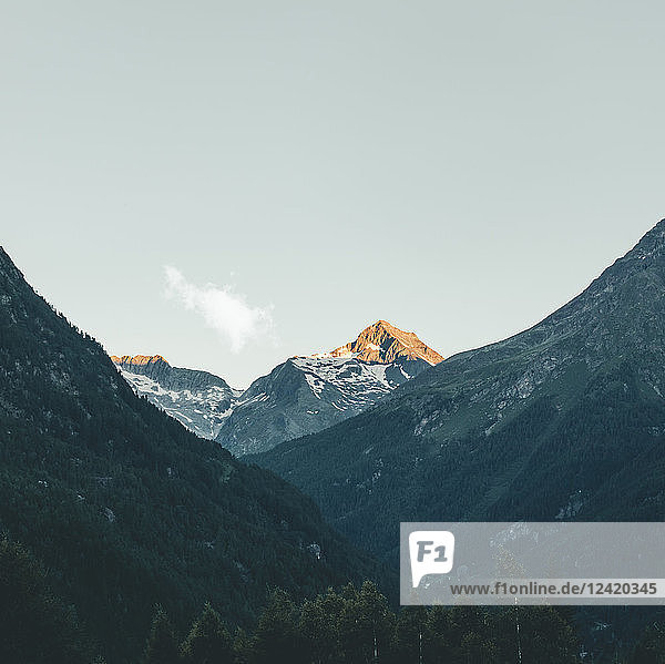Italy Lombardy Chiesa in Valmalenco mountaintop in the morning light