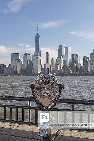 USA  New York City  Manhattan  New Jersey  cityscape with coin operated binoculars