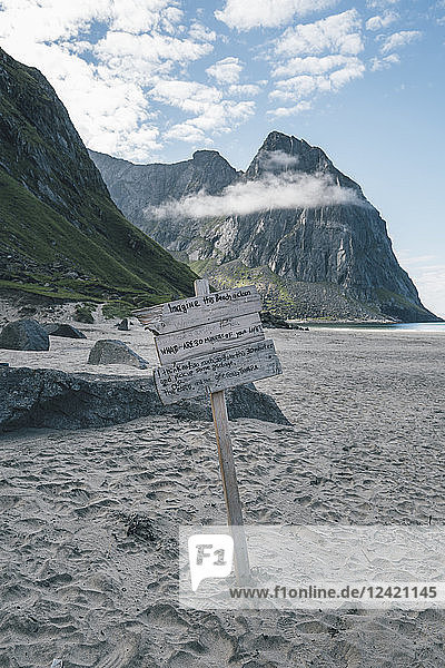 Norway  Lofoten  Moskenesoy  Sign at Kvalvika Beach