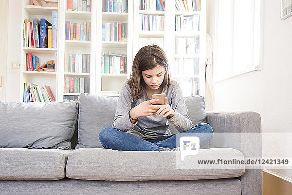 Girl sitting on couch at home using cell phone