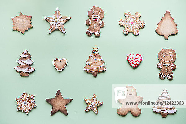 Rows of various gingerbread decorated with sugar icing on bright green ground