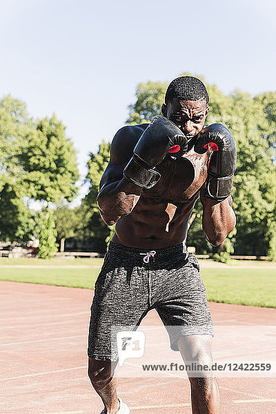 Young Afro-American man training boxing on sports field outdoors