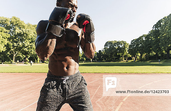 Young Afro-American man training boxing on sports field  outdoors