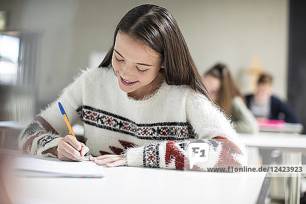 Smiling teenage girl writing in exercise book in class