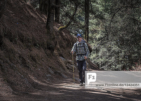 Nepal  Solo Khumbu  Everest  Sagamartha National Park  Mountaineer hiking wwith rucksack