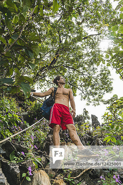 Laos  Vang Vieng  young man hiking in the jungle