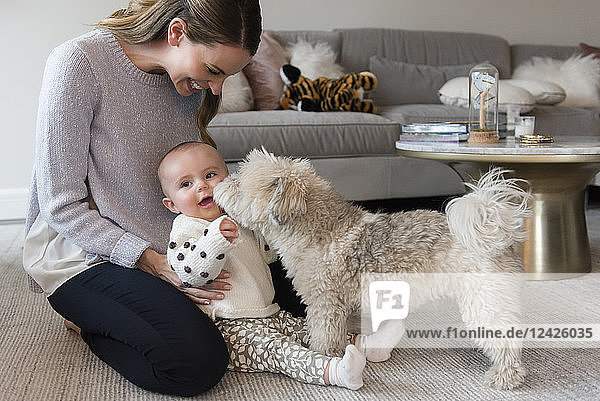 Mutter und kleine Tochter (18-23 Monate) spielen mit Hund im Wohnzimmer