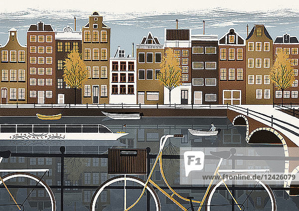 Illustration of traditional street by canal in Amsterdam