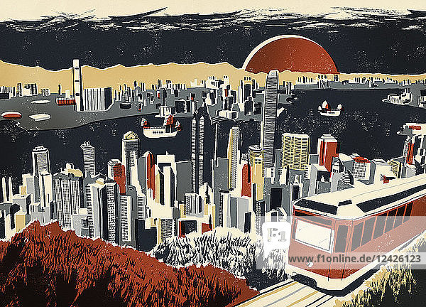 Illustration of Victoria Harbour and skyscrapers in Hong Kong