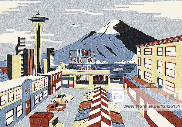Illustration of famous landmarks in Seattle  Washington State