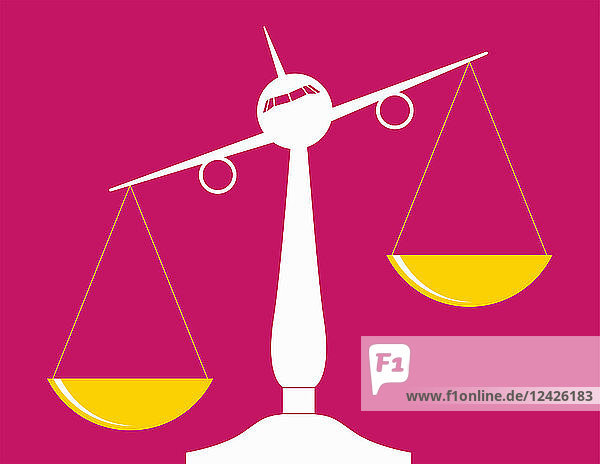 Flugzeug balanciert Waage der Gerechtigkeit