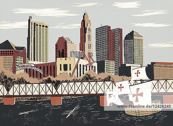 Illustration eines nachgebauten Segelschiffs und einer Stadtlandschaft von Columbus