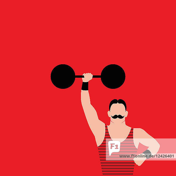 Strong man with mustache holding barbell above head