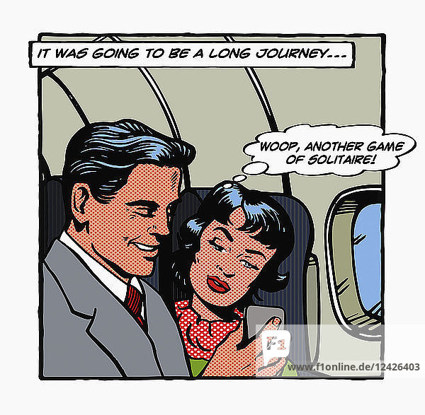 Gelangweilte Frau im Flugzeug beobachtet Mann beim Spielen auf dem Smartphone
