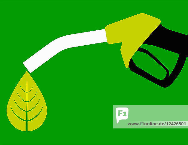 Grünes Blatt tropft von Biokraftstoff-Zapfsäule