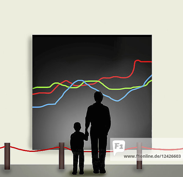 Vater und Sohn betrachten ein Gemälde mit Liniengrafiken in einer Kunstgalerie