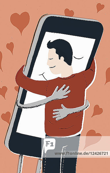 Man hugging smart phone