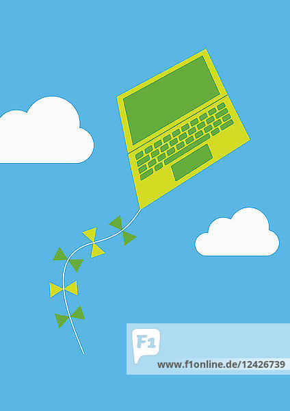 Laptop computer flying in the sky as a kite
