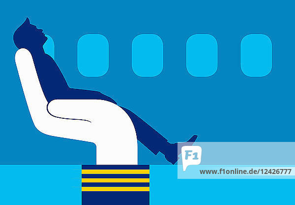 Passagier entspannt sich im Pilotensitz eines Flugzeugs