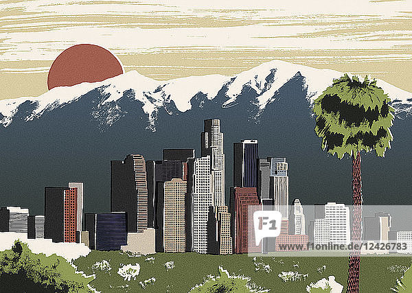 Illustration of Los Angeles cityscape against mountain peaks