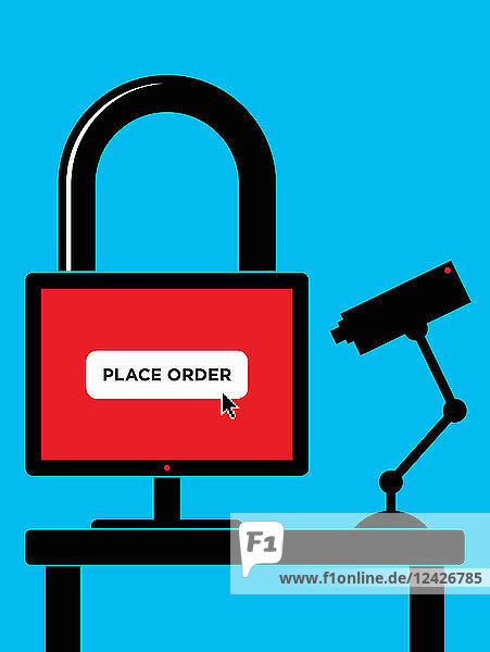 Vorhängeschloss Computer Online-Shopping mit Sicherheitskamera