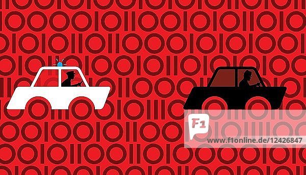 Policeman in pursuit of car on binary code background