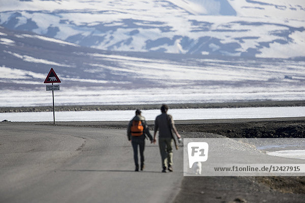 Ehepaar mit Hund geht entlang der Straße mit Bärenwarnschild in der Ferne  Longyearbyen  Svalbard und Jan Mayen  Norwegen
