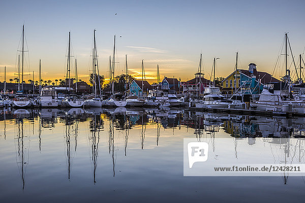Blick auf viele Segelboote bei Sonnenaufgang  die sich im Wasser spiegeln  Long Beach  Kalifornien  USA