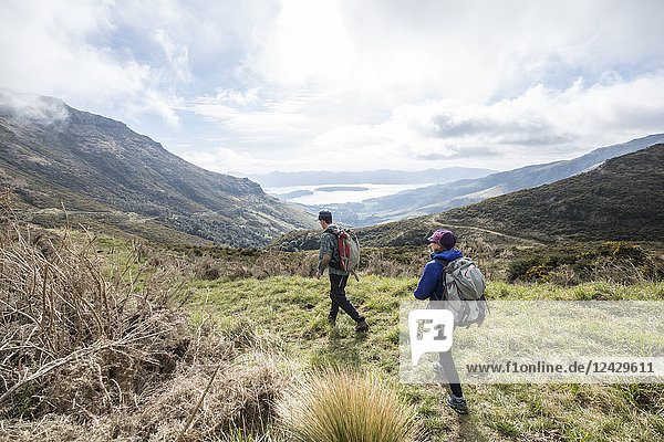 Seitenansicht von zwei Rucksacktouristen  die in natürlicher Umgebung auf dem Mount Herbert Trail wandern  Christchurch  Canterbury  Neuseeland