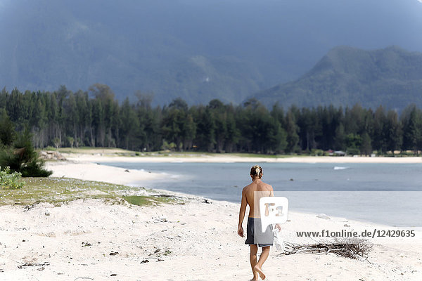 Rear view shot of single shirtless man walking on beach  Banda Aceh  Sumatra  Indonesia