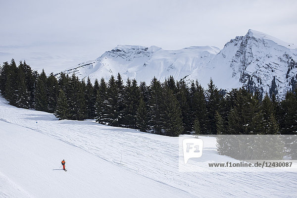 Skiers descend the slopes of Morzine  part of the Portes du Soleil ski area that is among the two largest ski areas in the world. Portes du Soleil includes a total of thirteen resorts between Chamonix  France and Lake Geneva in Switzerland.