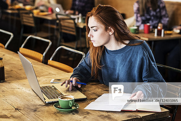 Junge Frau mit langen roten Haaren  die am Tisch sitzt und am Laptop-Computer arbeitet.