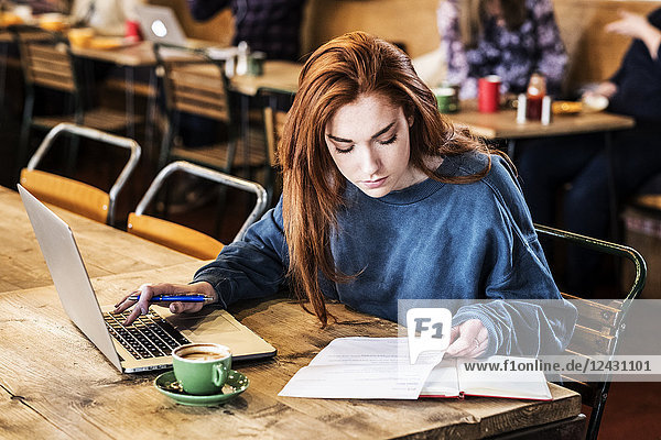 Junge Frau mit langen roten Haaren  die am Tisch sitzt und am Laptop-Computer arbeitet.